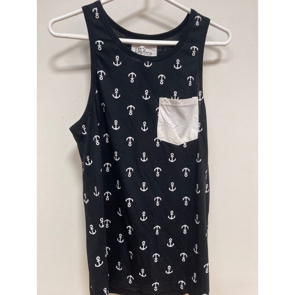 Galaxy by Harvic Mens Black Anchor Print Tank Top White Pocket Large